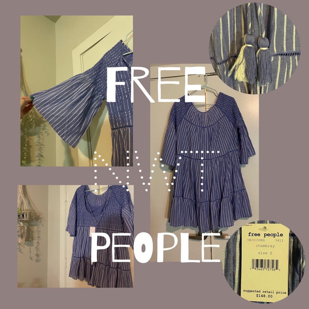 Free people loose blue and white pullover flowy dress with strings with crochet